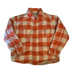 Lands End Kids Jacket Coat Cozy Buffalo Check Lined Orange Plaid Button Down‎